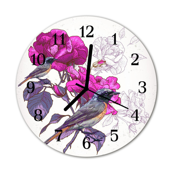 Glasuhr Wanduhr Vögel Blumen