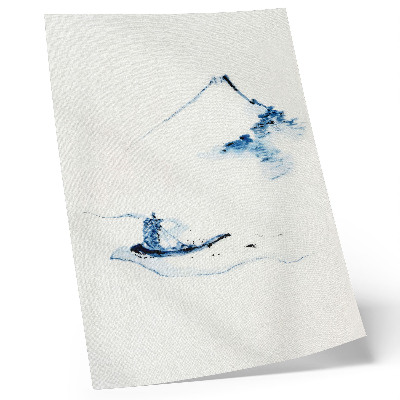 Wandposter Mann in einem kleinen Boot auf einem Fluss mit dem Berg Fuji im Hintergrund (1830–1850) von Hokusai