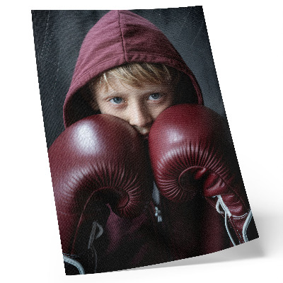 Wandposter Kind in bordeauxrotem Sweatshirt, Boxershorts und Handschuhen, Minimalismus