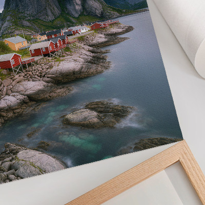 Kunstdruck leinwand Rote Häuser, Berge, Wasser im Hintergrund, friedliche Atmosphäre