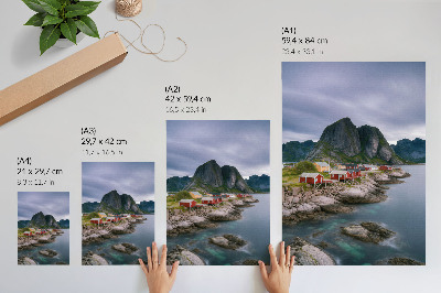 Kunstdruck leinwand Rote Häuser, Berge, Wasser im Hintergrund, friedliche Atmosphäre