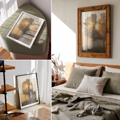 Poster Neblige Morgendämmerung, warmes Licht, Bäume – Inspiration
