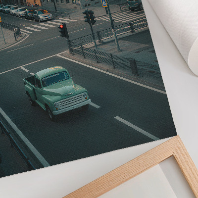 Poster Mietshäuser, Retro-Autos, Sonnenuntergangsstimmung