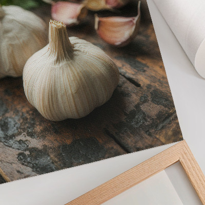 Poster Knoblauch auf Holz, natürliche, rustikale Atmosphäre, Authentizität