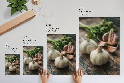 Poster Knoblauch auf Holz, natürliche, rustikale Atmosphäre, Authentizität