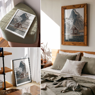 Kunstdruck leinwand Berglandschaft, Holzhaus, schneebedeckte Gipfel