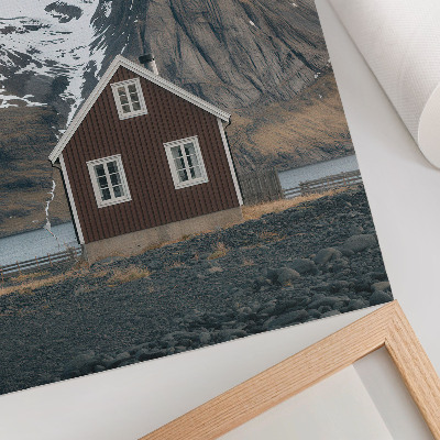 Kunstdruck leinwand Berglandschaft, Holzhaus, schneebedeckte Gipfel