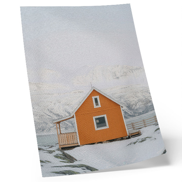 Kunstdruck leinwand Orangefarbenes Haus, schneebedeckte Berge, minimalistischer Rahmen