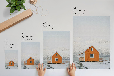 Kunstdruck leinwand Orangefarbenes Haus, schneebedeckte Berge, minimalistischer Rahmen