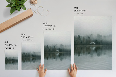 Poster Nebel, Bäume, Haus, Spiegelung, stille Landschaft