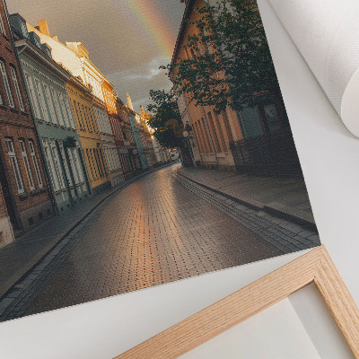 Kunstdruck leinwand Bunte Mietshäuser, Regenbogen, bewölkter Himmel