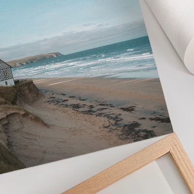 Kunstdruck leinwand Strand, Wellen, Haus auf einer Klippe, Pastellfarben