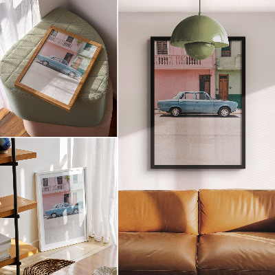 Wandposter Klassische Autos, pastellfarbene Gebäude, Retro-Charme