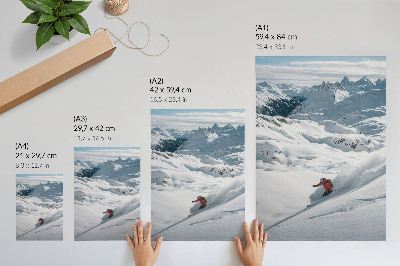 Poster Skifahrer in Aktion, weiße Berge, blauer Himmel