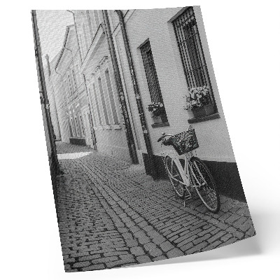 Wandposter Straße, Mietshäuser, Blumen, Fahrrad, Schwarzweiß
