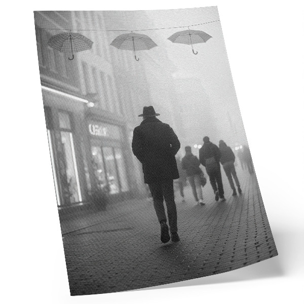 Poster Gestalt mit Hut, Nebel, Regenschirme, Geheimnis