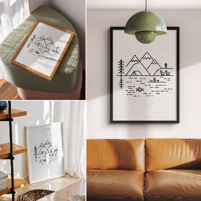Poster Minimalistische Linienführung Berge See Tiere