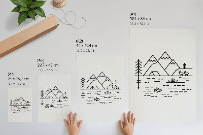 Poster Minimalistische Linienführung Berge See Tiere