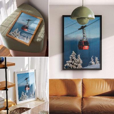 Wandposter Winterlandschaft, rote Gondel, weiße Bäume