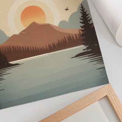 Kunstdruck leinwand Landschaft See Berg Sonnenuntergang Bäume türkis beige