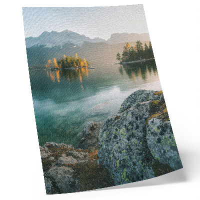 Kunstdruck leinwand Berge, See, Insel, nebliger Morgen