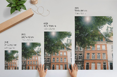 Wandposter Bunte Fassaden, grüne Bäume, Sonne am Himmel