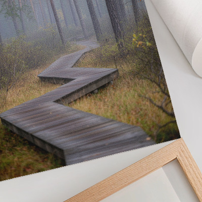 Kunstdruck leinwand Holzsteg zwischen Bäumen im Nebel