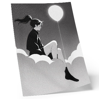 Poster Eine Figur auf einer Wolke mit einem Ballon im minimalistischen Stil