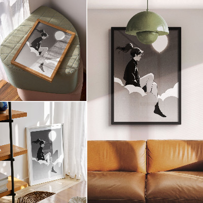 Poster Eine Figur auf einer Wolke mit einem Ballon im minimalistischen Stil