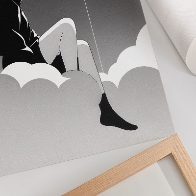 Poster Eine Figur auf einer Wolke mit einem Ballon im minimalistischen Stil