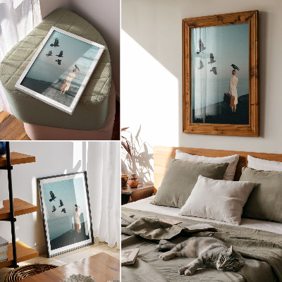 Kunstdruck leinwand Frau mit Koffer, Vögel, Himmel, Surrealismus