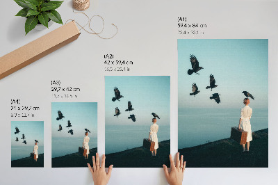 Kunstdruck leinwand Frau mit Koffer, Vögel, Himmel, Surrealismus