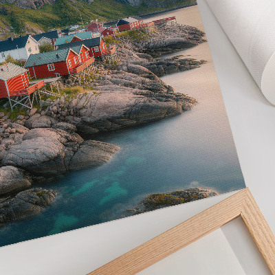Kunstdruck leinwand Charmante Ferienhäuser, ein ruhiges Meer und majestätische Berge