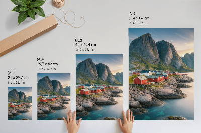 Kunstdruck leinwand Charmante Ferienhäuser, ein ruhiges Meer und majestätische Berge