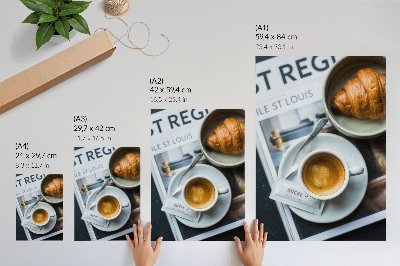 Kunstdruck leinwand Schwarz-Weiß-Hintergrund, Kaffeecroissant, Eleganz, Entspannung