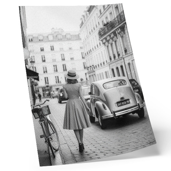 Poster Frau mit Retro-Charme in der Stadt, klassisches Auto