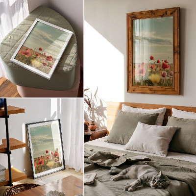 Wandposter Ein Mohnfeld unter blauem Himmel, pastellfarbene Eleganz