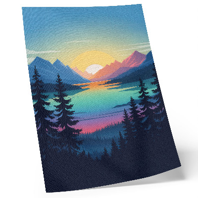 Wandposter Farbenfrohe Berge im Sonnenuntergang und See