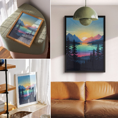 Wandposter Farbenfrohe Berge im Sonnenuntergang und See