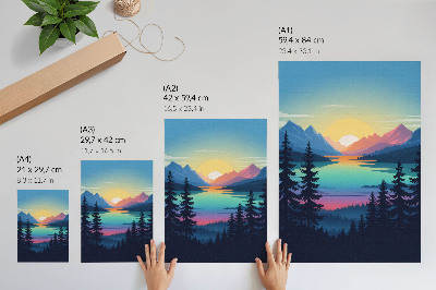 Wandposter Farbenfrohe Berge im Sonnenuntergang und See
