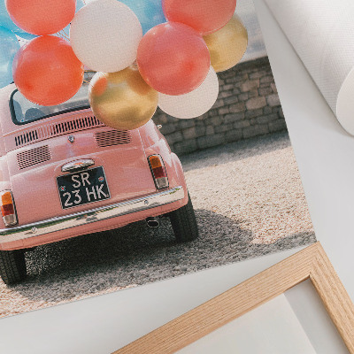 Kunstdruck leinwand Rosa Auto mit Luftballons vor Retro-Hintergrund
