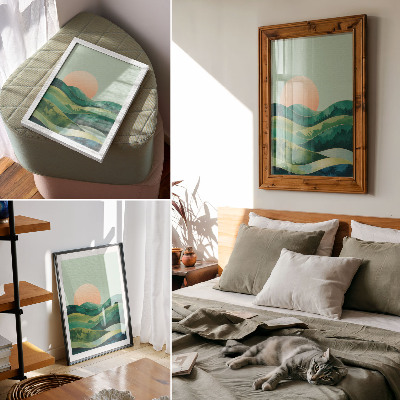 Wandposter Pastellfarbene Hügel, Aquarellsonne