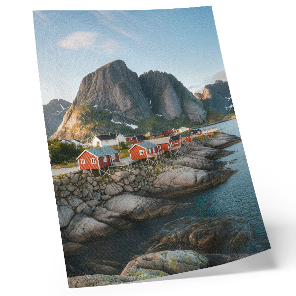 Kunstdruck leinwand Rote Häuser, Fjord, Berge, Sonnenuntergang