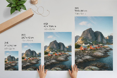 Kunstdruck leinwand Rote Häuser, Fjord, Berge, Sonnenuntergang