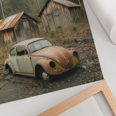 Wandposter Rostiges Auto, Holzschuppen, grüner Wald