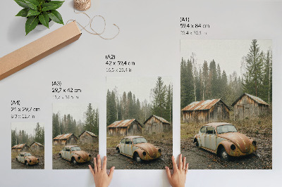 Wandposter Rostiges Auto, Holzschuppen, grüner Wald
