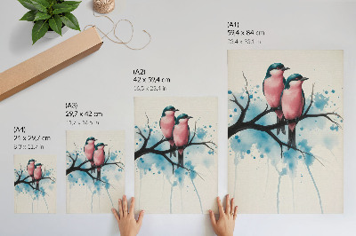 Kunstdruck leinwand Vogelpaar auf einem Ast vor abstraktem Hintergrund