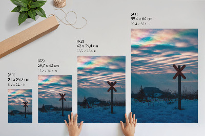 Kunstdruck leinwand Atmosphärische Winterlandschaft, bunte Wolken, einsames Schild