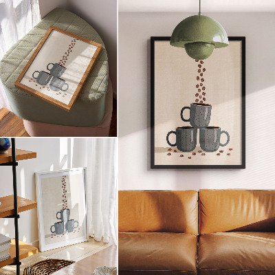 Poster Graue Tassen und cremefarbener Hintergrund mit Kaffeebohnen