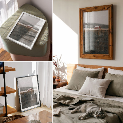 Kunstdruck leinwand Scheune am Hang, Winterlandschaft, Wald, Nebel